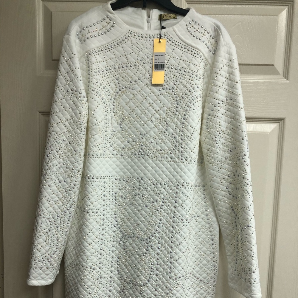 Ft Inc White Sequin Midi Quilted Evening Dress
